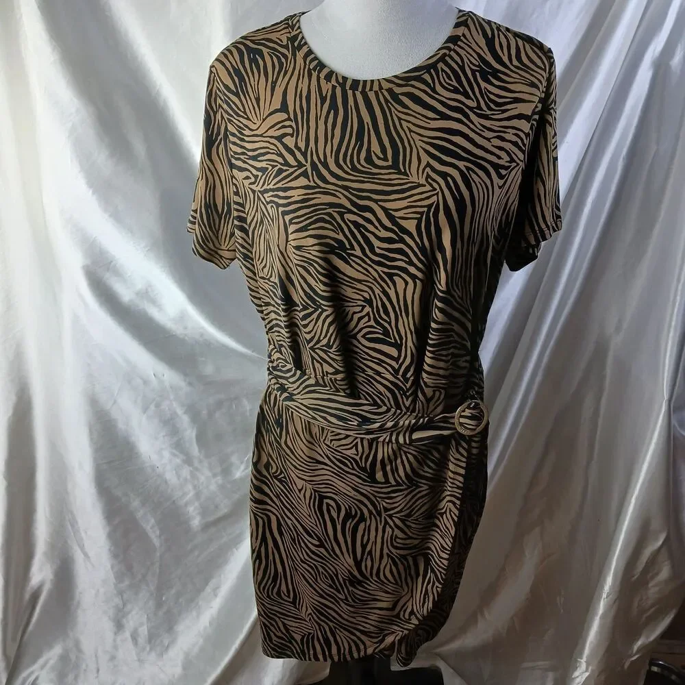 MICHAEL KORS BROWN BLACK ZEBRA PRINT SHORT SLEEVE WRAP SKIRT DRESS SIZE XL